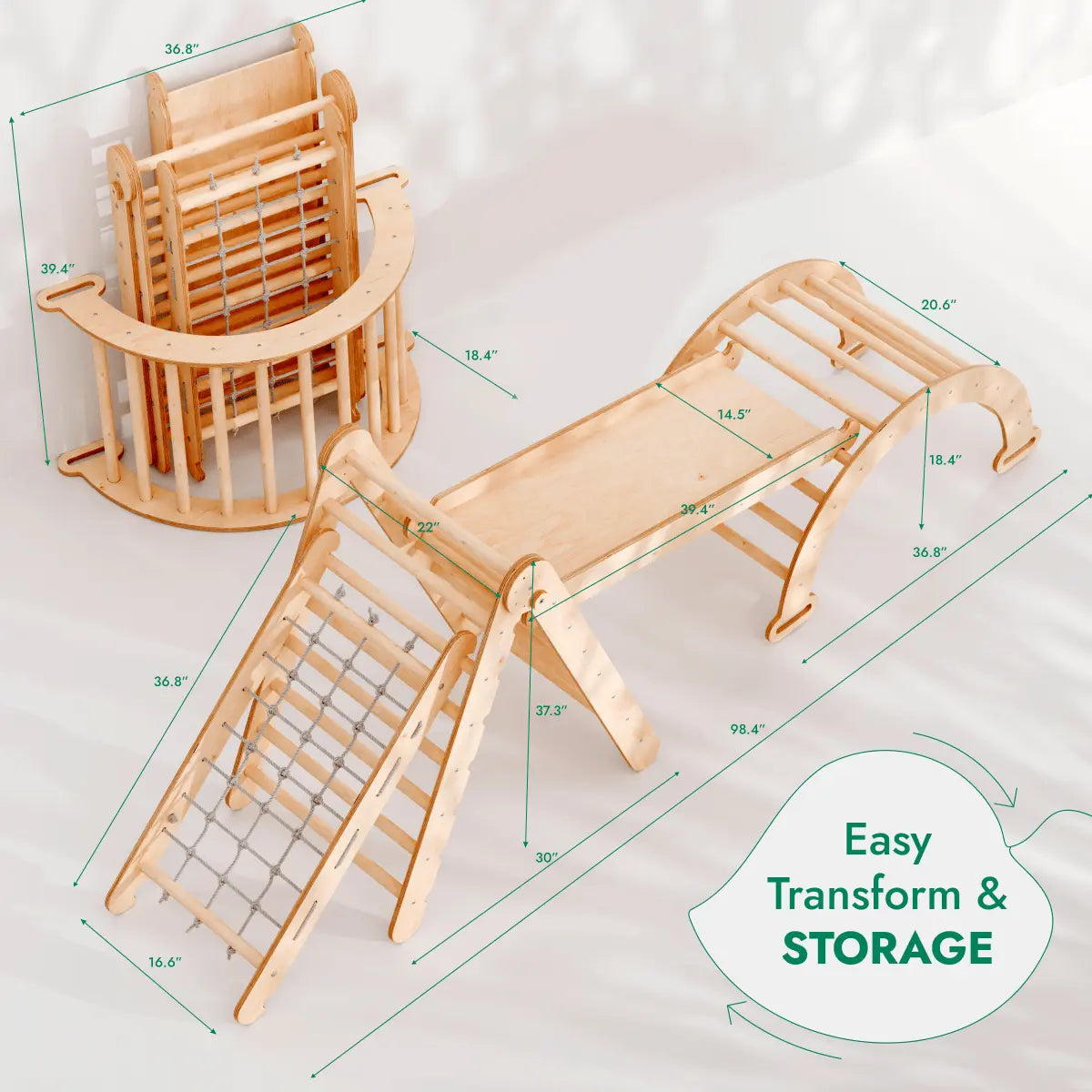 Goodevas 4in1 Montessori Climbing Set: Triangle Ladder + Climbing Arch + Slide Board + Net – Beige - 