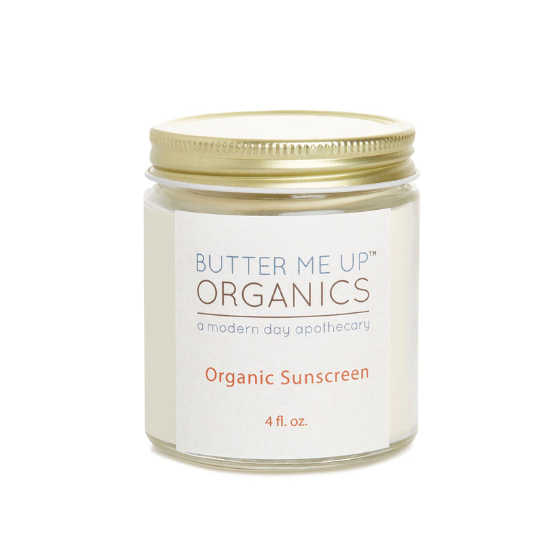 Natural organic sunscreen jar featuring non-nano zinc oxide for safe sun protection.