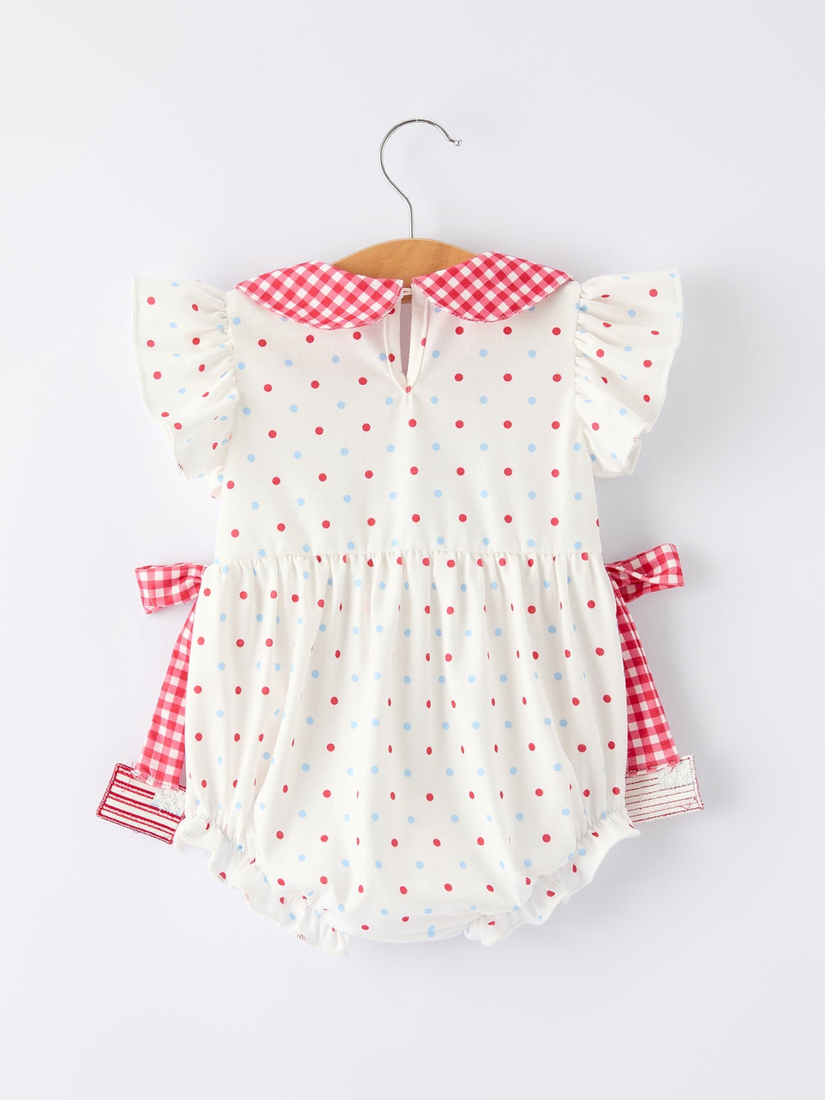 Rylee Faith Designs 4th of July Dot Girls Romper Bow Ruffle Peter Pan CollarEveretts Place