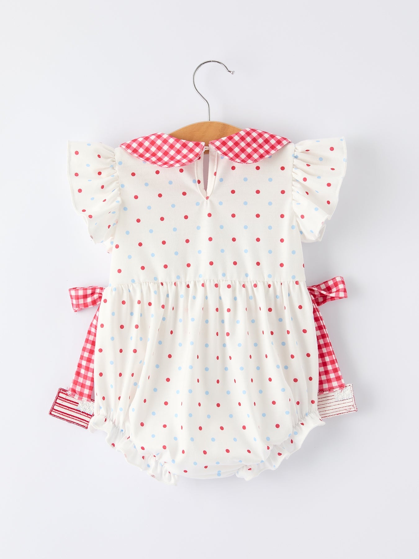 Rylee Faith Designs 4th of July Dot Girls Romper Bow Ruffle Peter Pan CollarEveretts Place