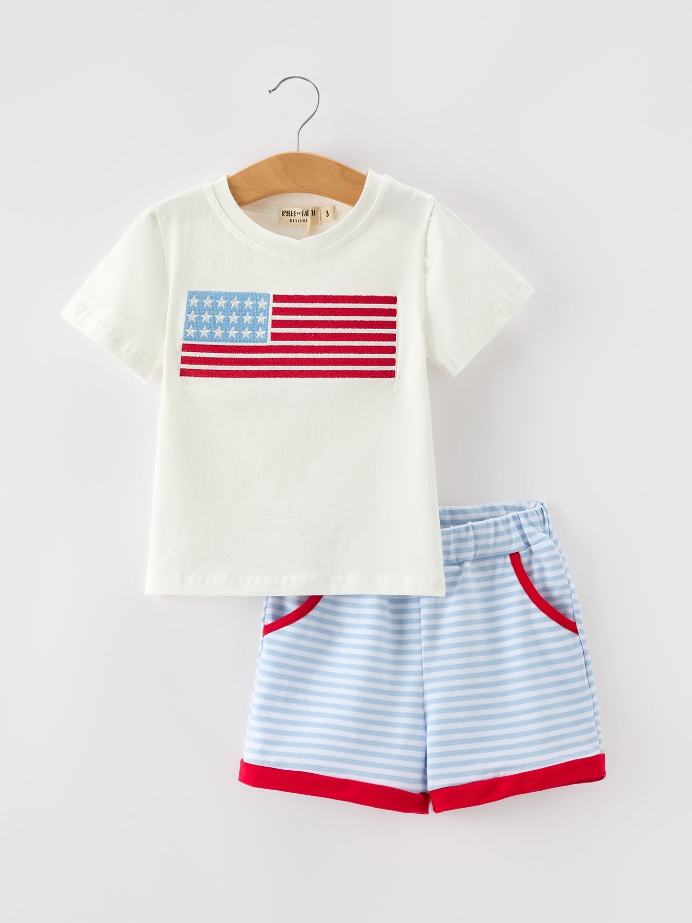 Rylee Faith Designs 4th of July Flag Applique Boy Top and Shorts Set