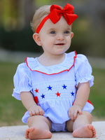 Rylee Faith Designs 4th of july Girls' Smocking Star Embroidered Romper