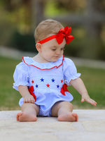 Rylee Faith Designs 4th of july Girls' Smocking Star Embroidered Romper
