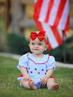 Rylee Faith Designs 4th of july Girls' Smocking Star Embroidered Romper