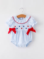 Rylee Faith Designs 4th of july Girls' Smocking Star Embroidered Romper