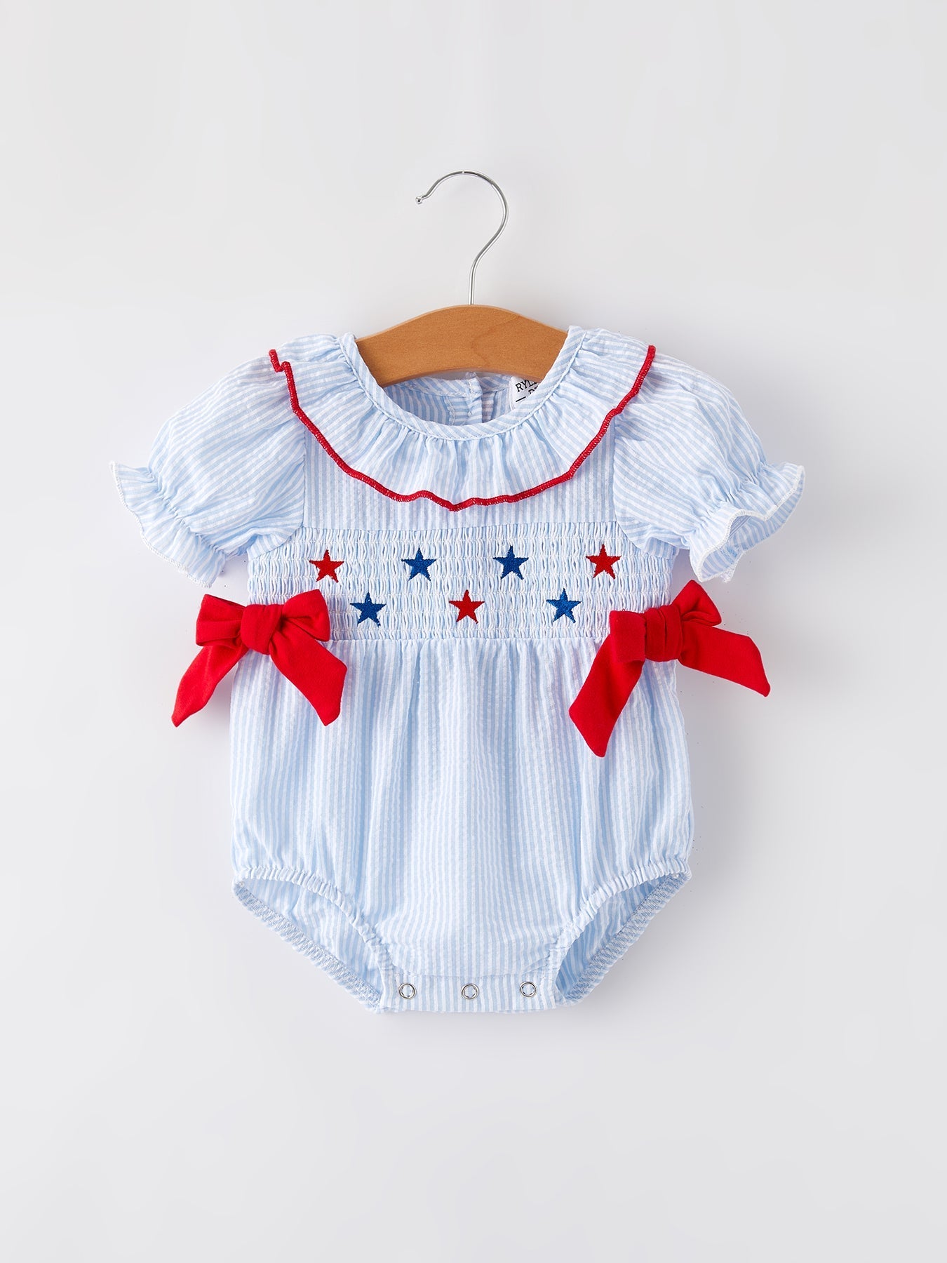 Rylee Faith Designs 4th of july Girls' Smocking Star Embroidered Romper