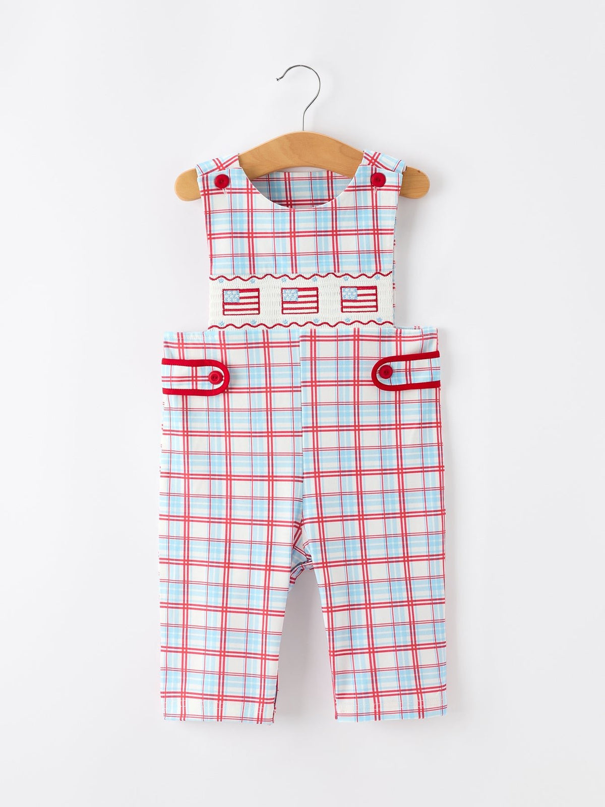 4th of July Plaid Boys Romper Smocked Flag Button Strap - Overall, Baby & Toddler Clothing | Everetts Place