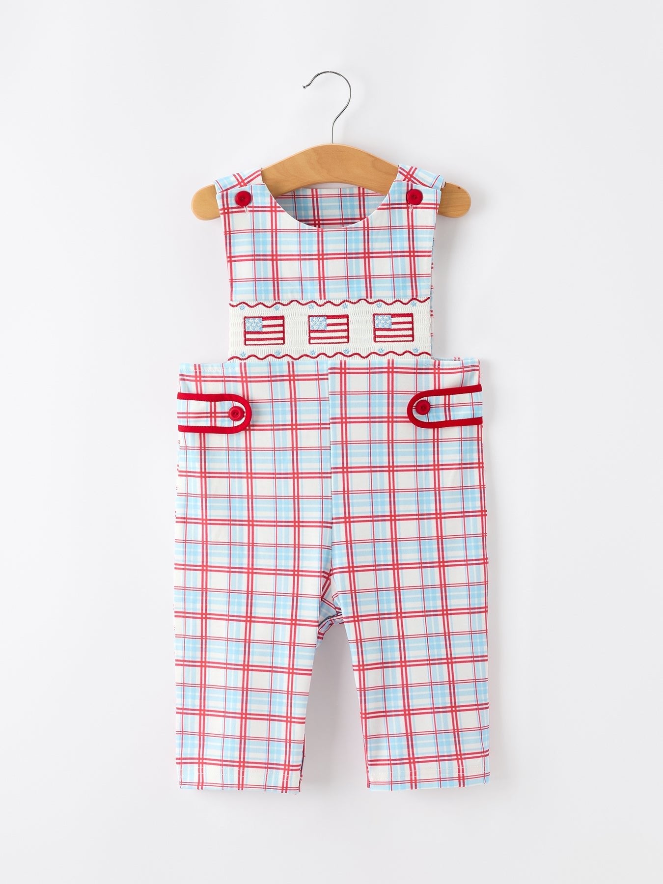 4th of July Plaid Boys Romper Smocked Flag Button Strap - Overall, Baby & Toddler Clothing | Everetts Place