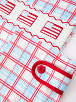 Rylee Faith Designs 4th of July Plaid Boys Romper Smocked Flag Button Strap