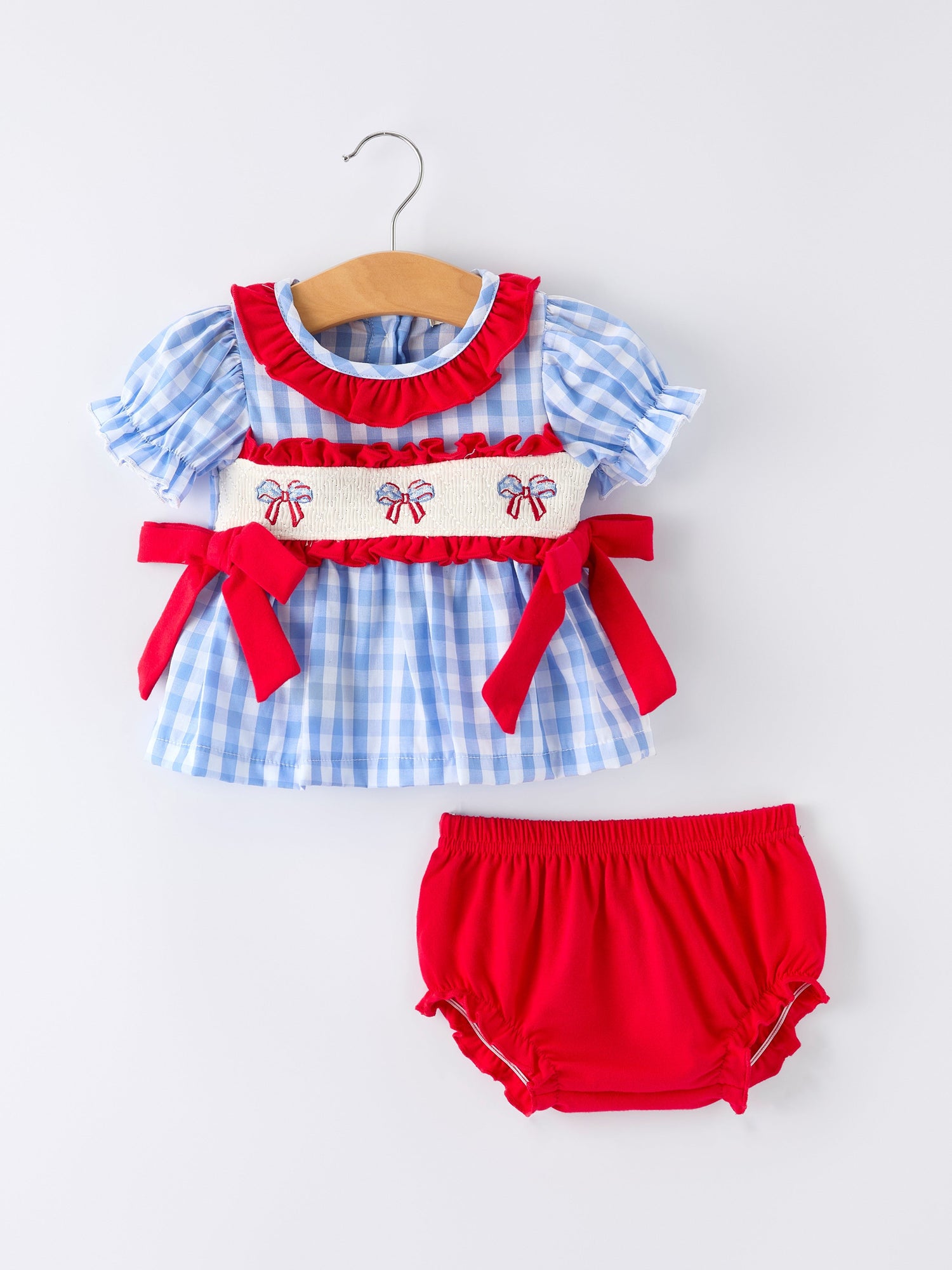 Rylee Faith Designs 4th of july Plaid Smocking Girls Bloomer Set