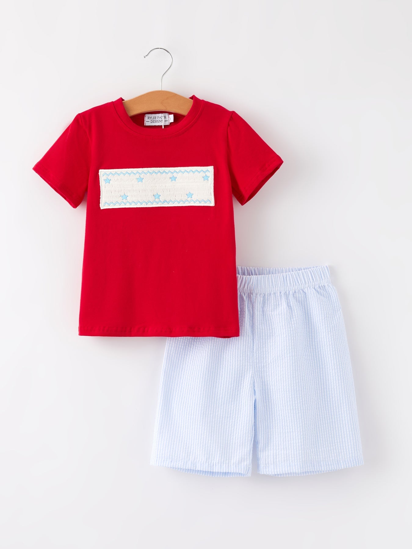 Rylee Faith Designs 4th of july Star Embroidery Smocking Boys Set