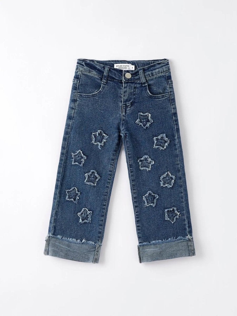 Rylee Faith Designs 4th Of July Stylish Star Shaped Distressed Button Jeans - 