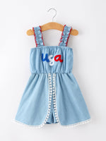 4th of July USA Chenille Girls Romper Dress Denim Lace Trim - Blue, White, Dress, Denim, Textile | Everetts Place