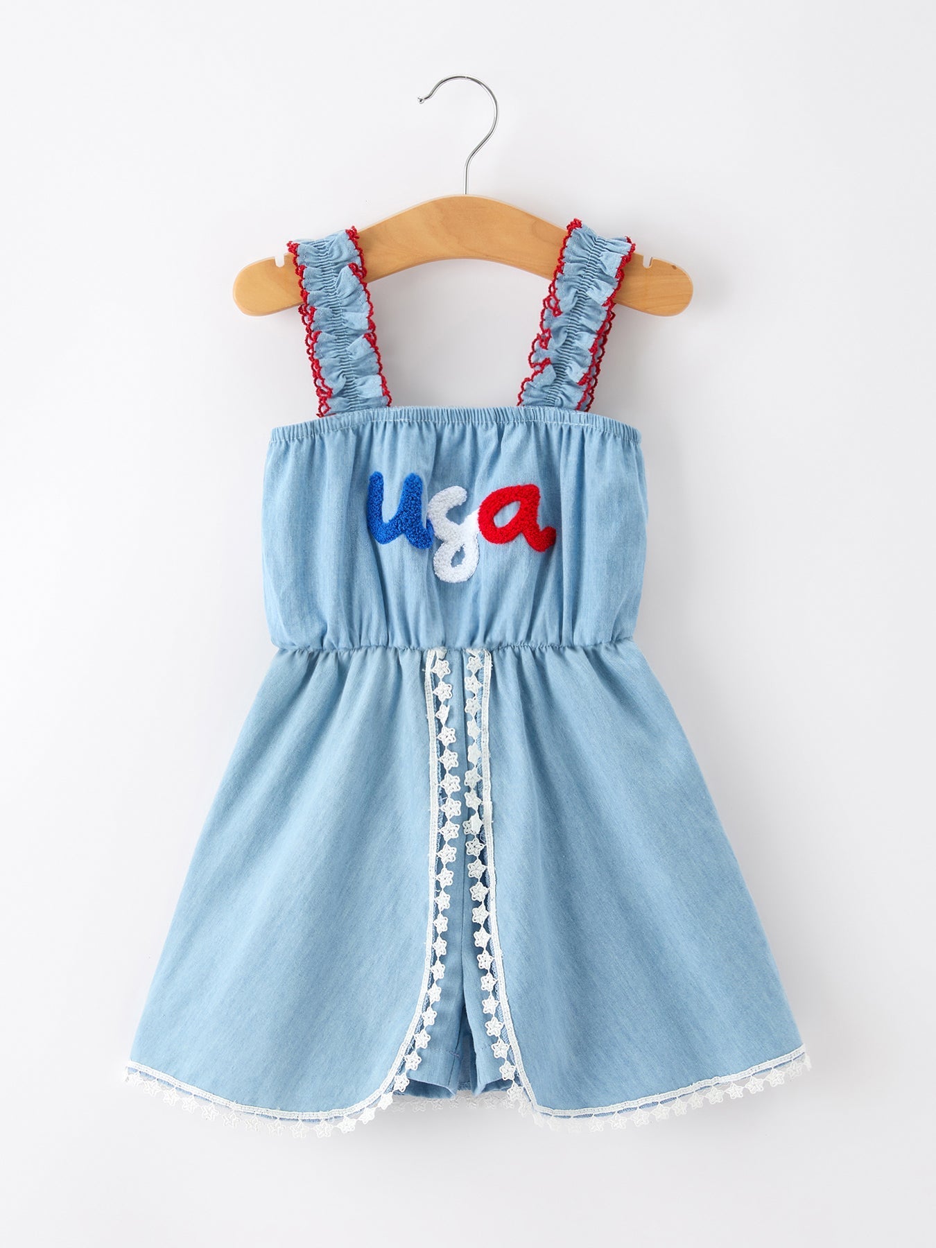 4th of July USA Chenille Girls Romper Dress Denim Lace Trim - Blue, White, Dress, Denim, Textile | Everetts Place