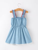 Rylee Faith Designs 4th of July USA Chenille Girls Romper Dress Denim Lace Trim