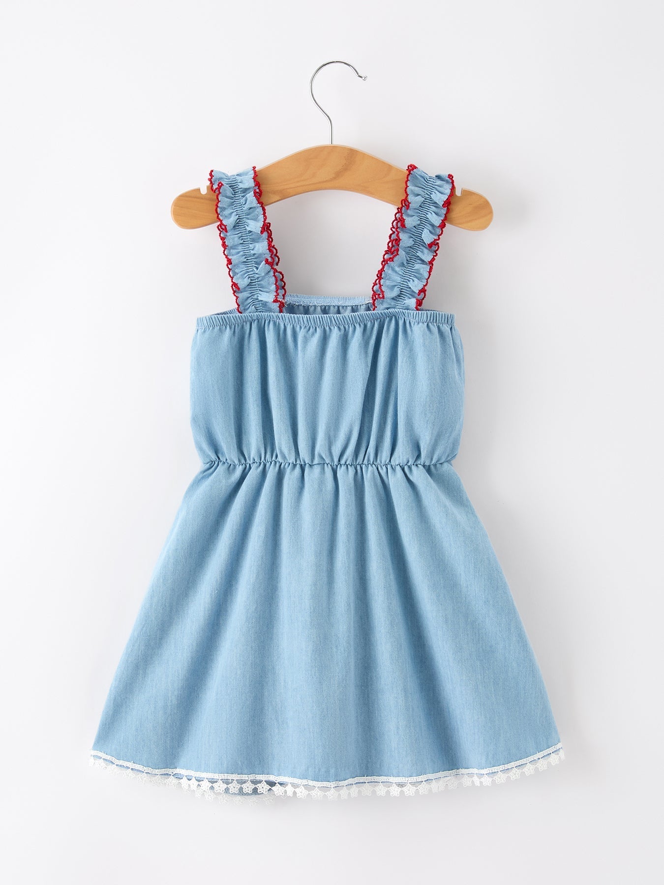 Rylee Faith Designs 4th of July USA Chenille Girls Romper Dress Denim Lace Trim
