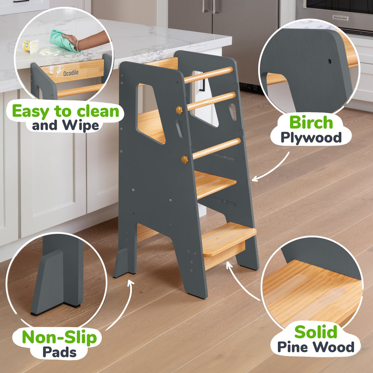 Ocodile adjustable toddler kitchen tower, natural wood, safety bars.