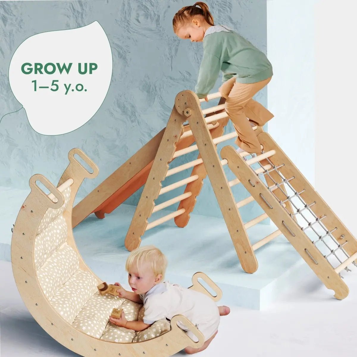 Goodevas 5 In 1 Montessori Climbing Set Pikler Climbing Arch Slide Net And Cushion - Everetts Place Boutique - 