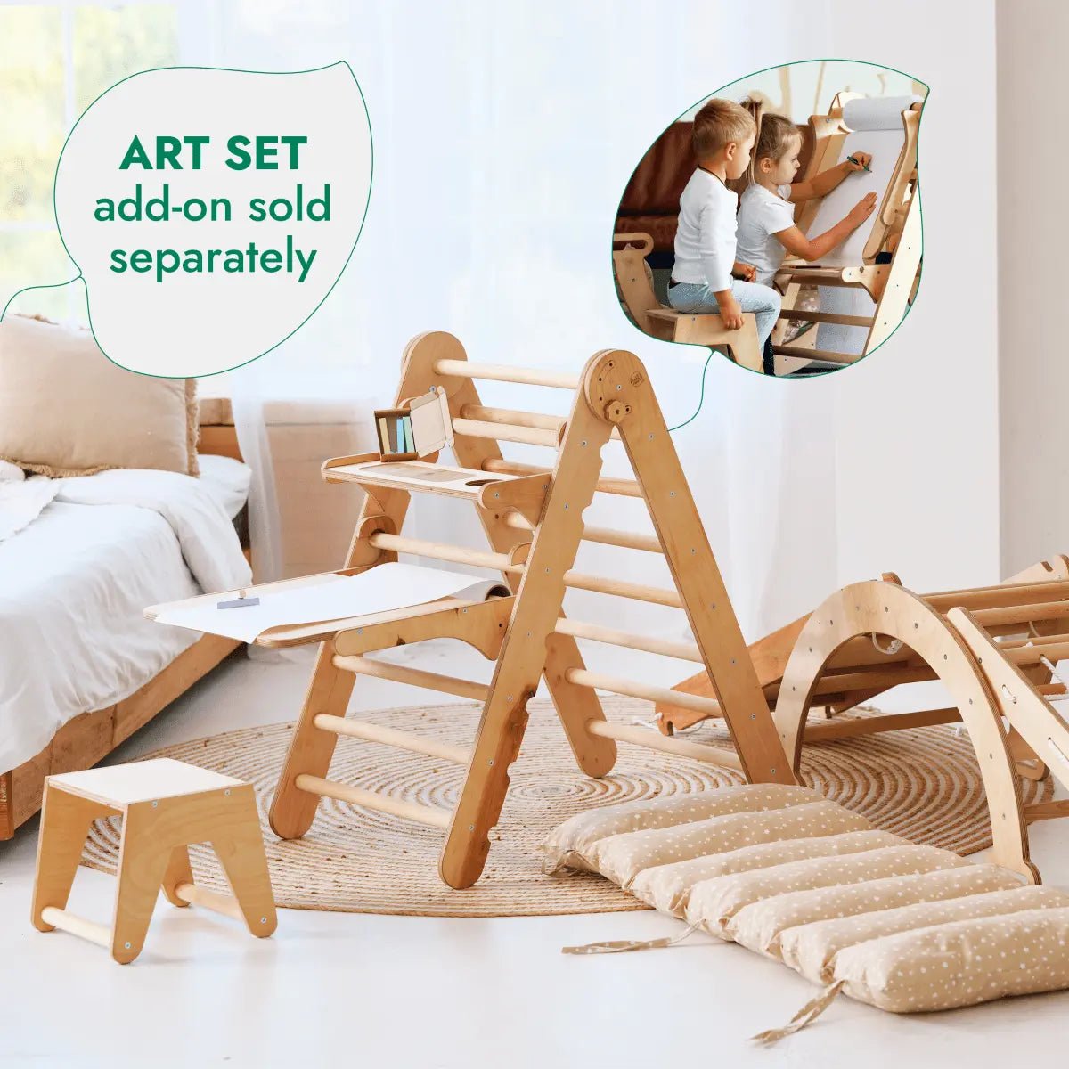 Goodevas 5 In 1 Montessori Climbing Set Triangle Ladder Arch Rocker Slide Board Ramp Netting Rope Cushion - Everetts Place Boutique - 