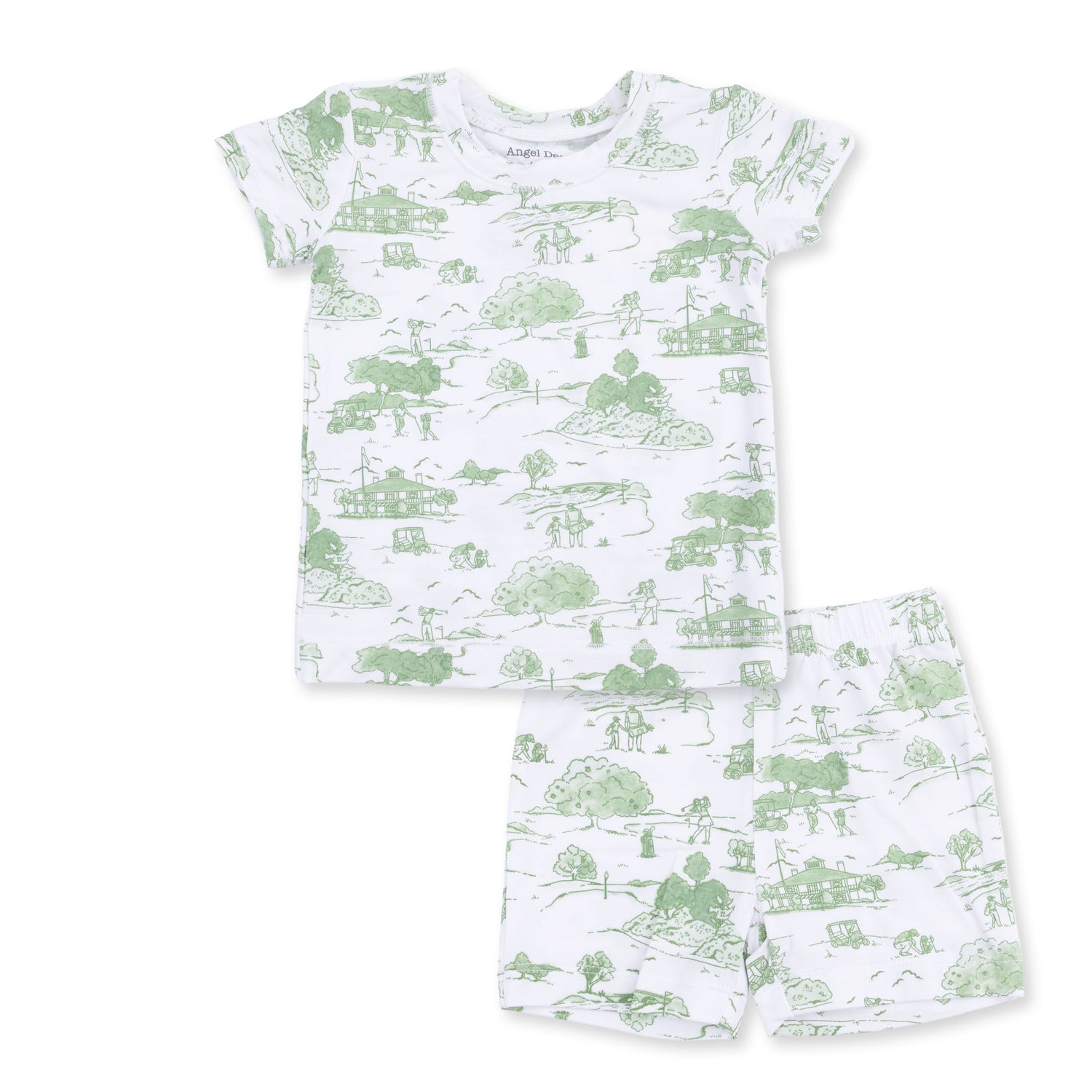 Two-piece baby loungewear short set in green golf toile print, short-sleeve top and shorts