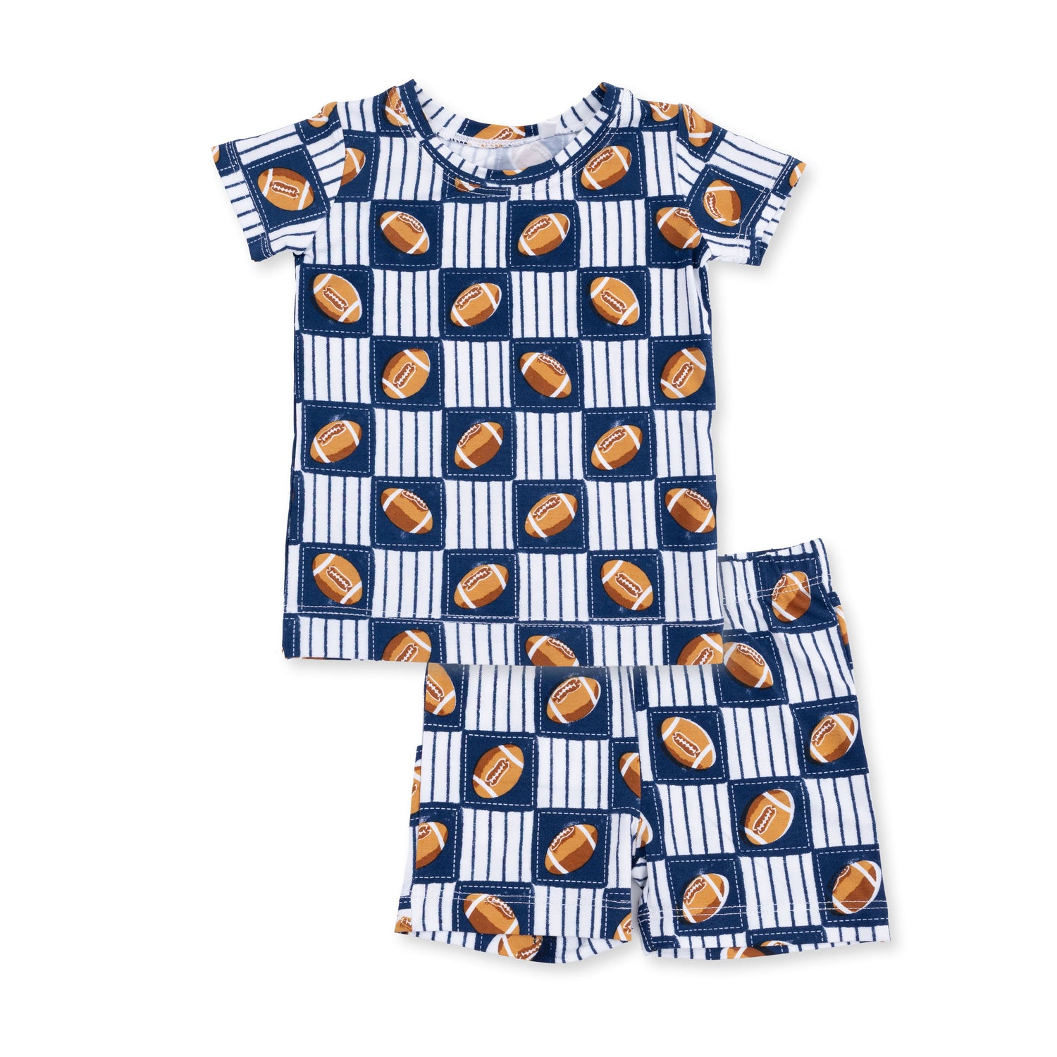 Two-piece loungewear short set with a football patchwork print, short-sleeve top and matching shorts.