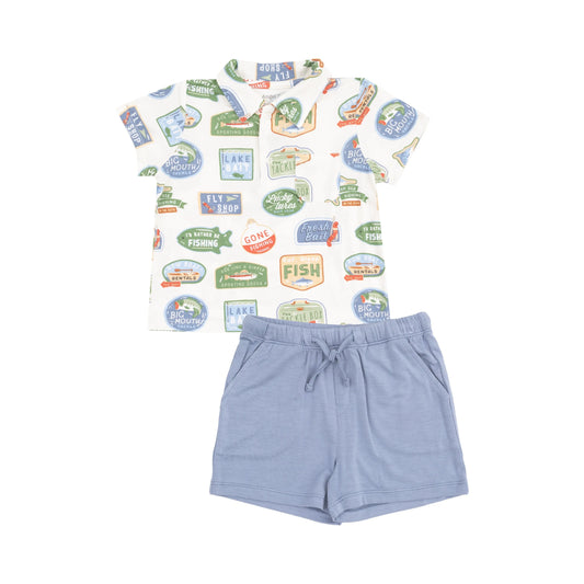 Polo Shirt and Short Set for Kids with Bait Shop Signage.