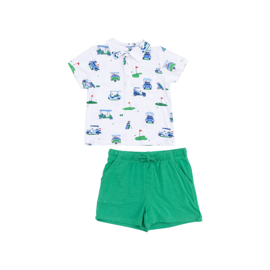 Polo Shirt And Short Set Vintage Golf Carts Blue.