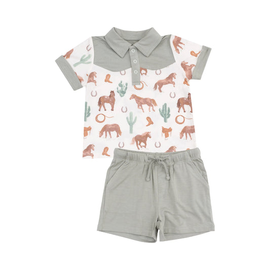 Cowboy Polo And Short Set Western Horses Uni.