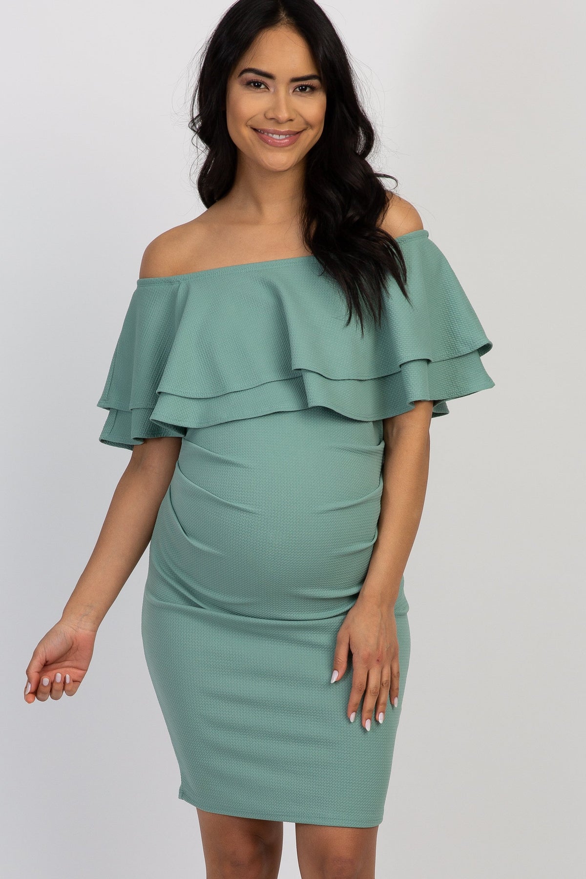 Sage Off Shoulder Fitted Maternity Dress by PinkBlush at Everetts Place