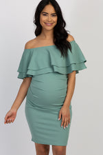 Sage Off Shoulder Fitted Maternity Dress by PinkBlush at Everetts Place