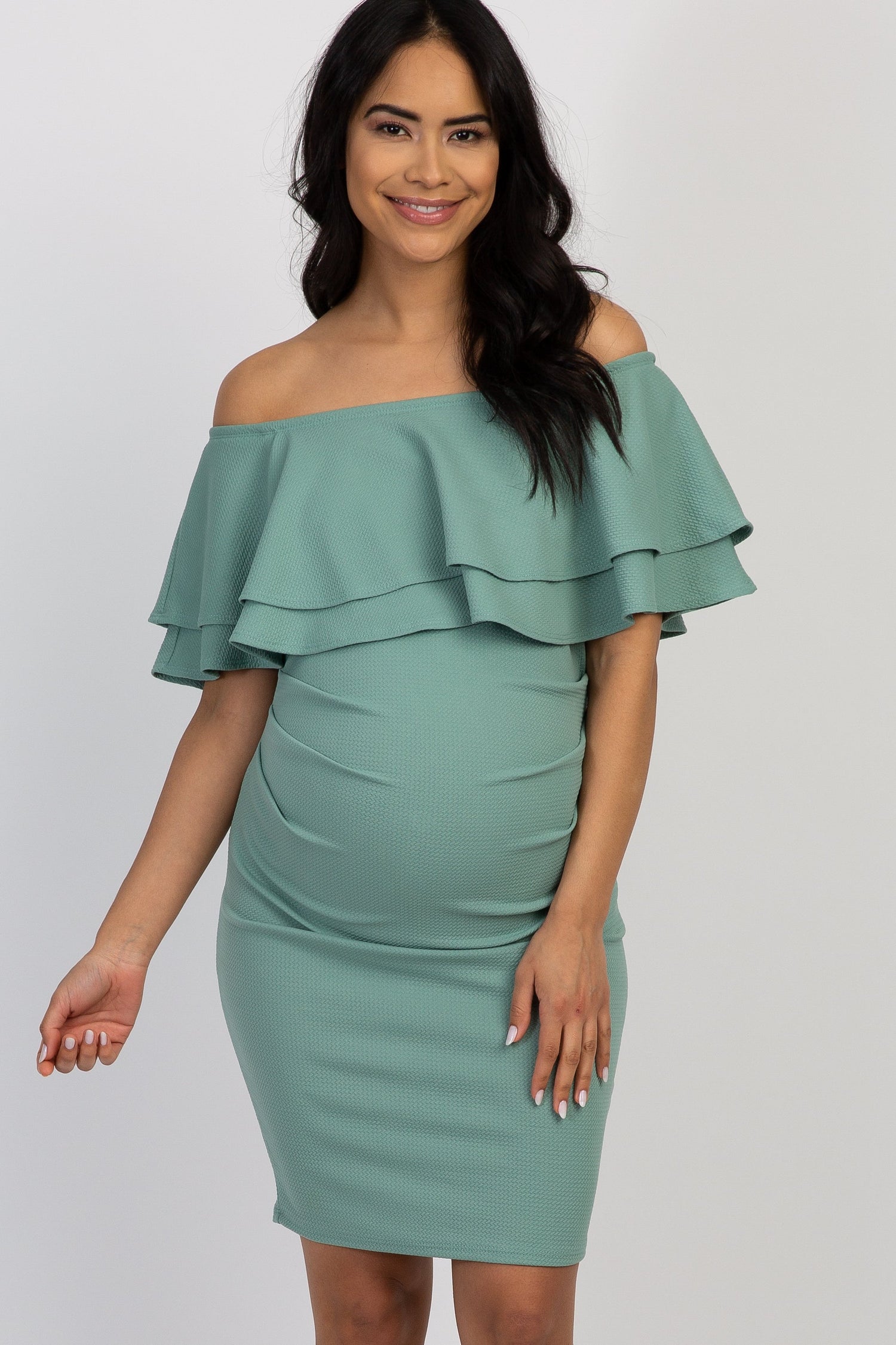 Sage Off Shoulder Fitted Maternity Dress by PinkBlush at Everetts Place