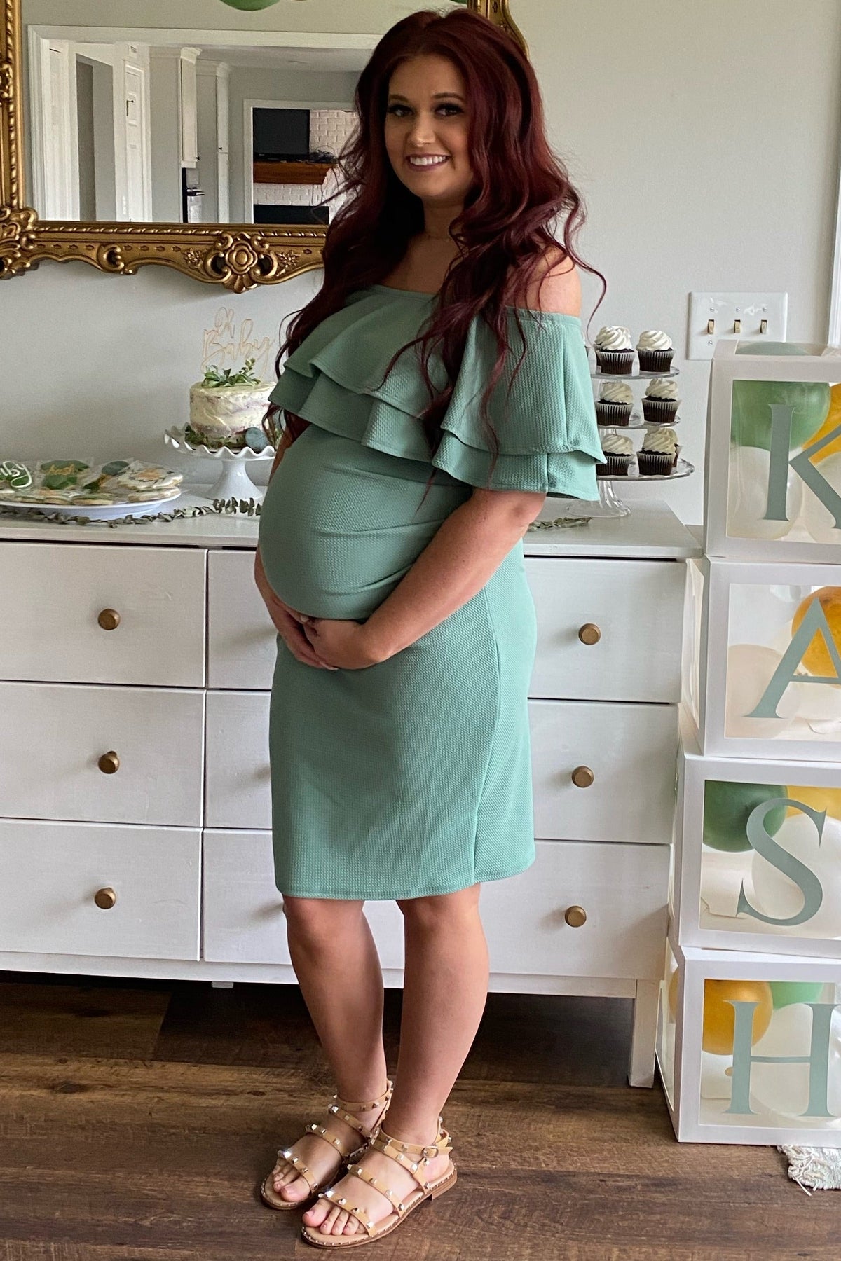 Sage Off Shoulder Fitted Maternity Dress by PinkBlush (view 5 of 11)