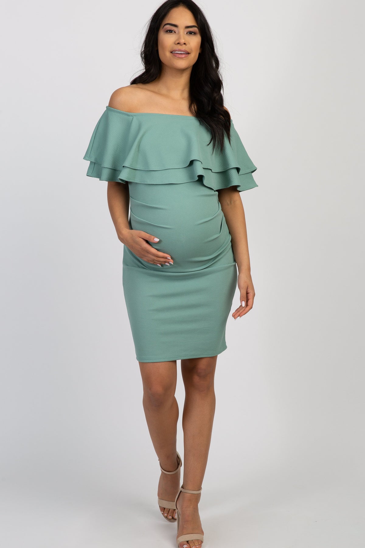 Sage Off Shoulder Fitted Maternity Dress by PinkBlush (view 1 of 11)