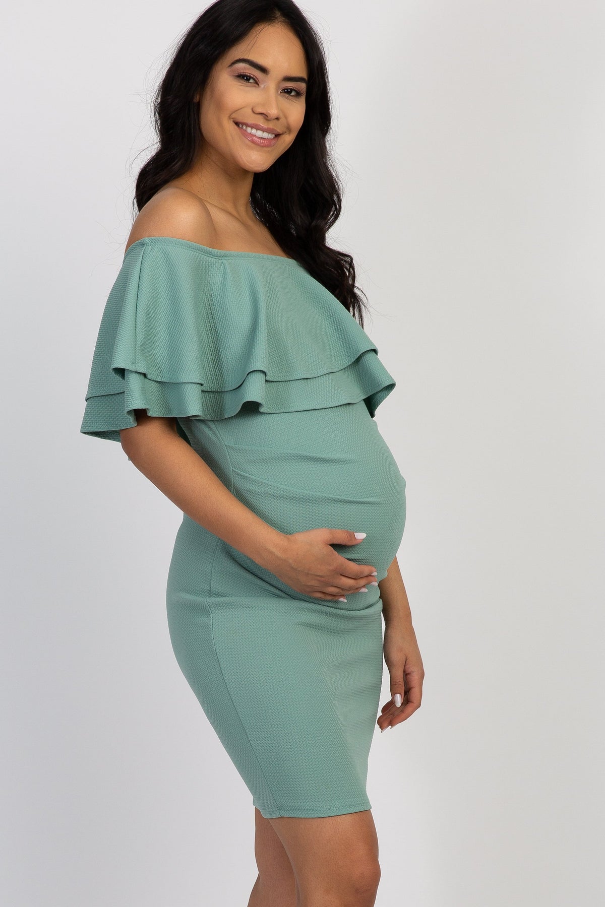 Sage Off Shoulder Fitted Maternity Dress by PinkBlush (view 3 of 11)