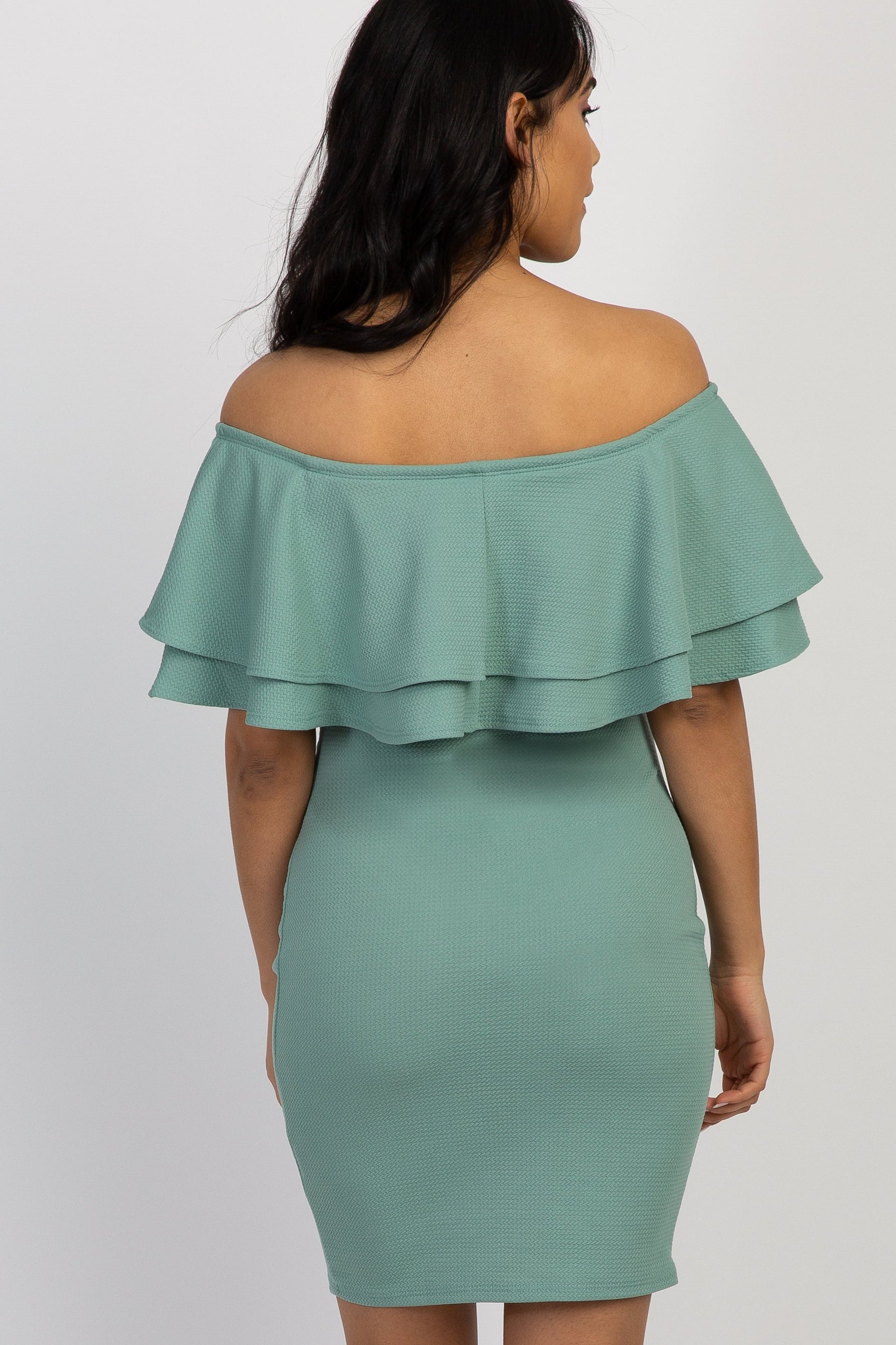 Sage Off Shoulder Fitted Maternity Dress by PinkBlush at Everetts Place