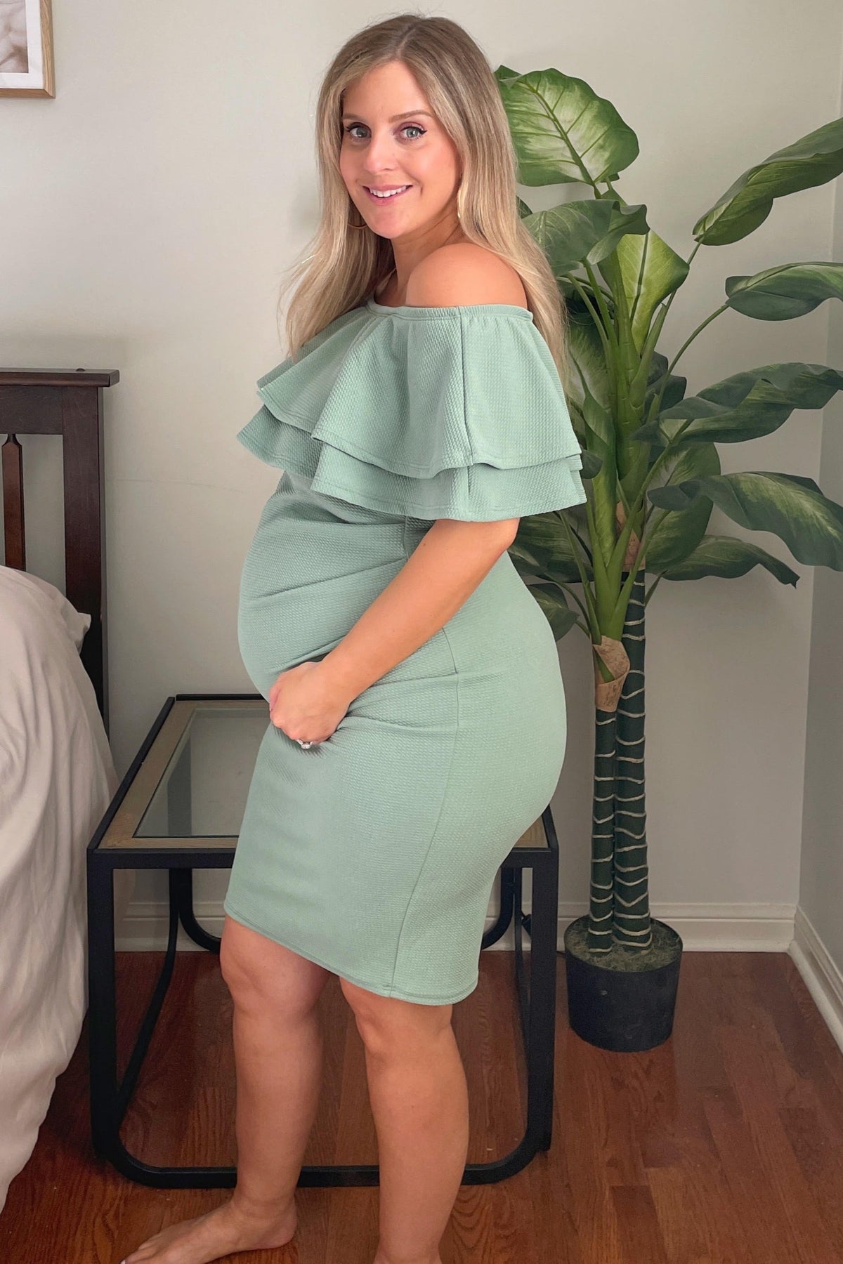 Sage Off Shoulder Fitted Maternity Dress by PinkBlush (view 8 of 11)