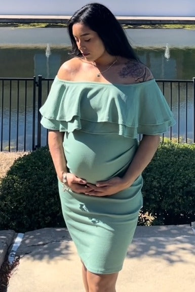 Sage Off Shoulder Fitted Maternity Dress by PinkBlush at Everetts Place