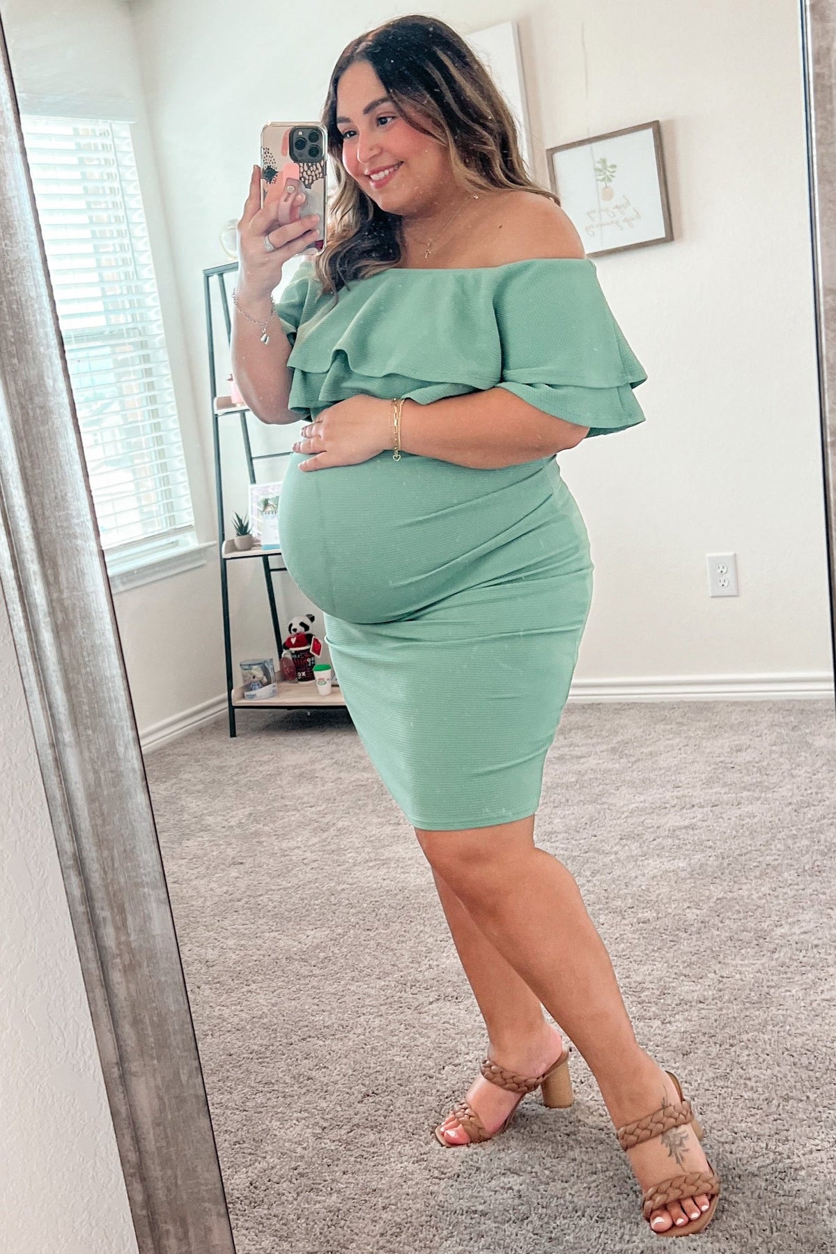 Sage Off Shoulder Fitted Maternity Dress by PinkBlush at Everetts Place