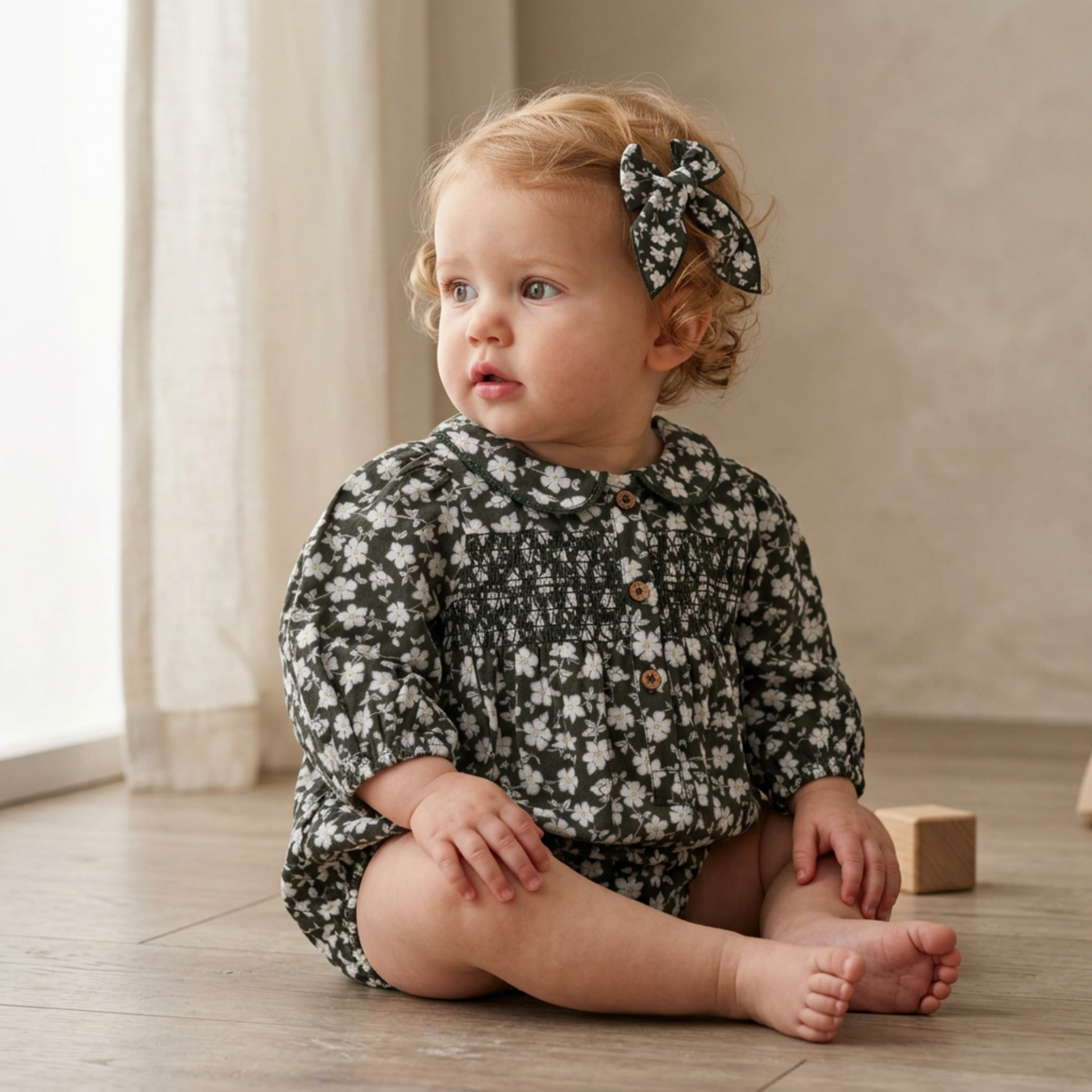 Organic Smocked Long Sleeve Bubble Romper - Twilight Meadow by Makemake Organics