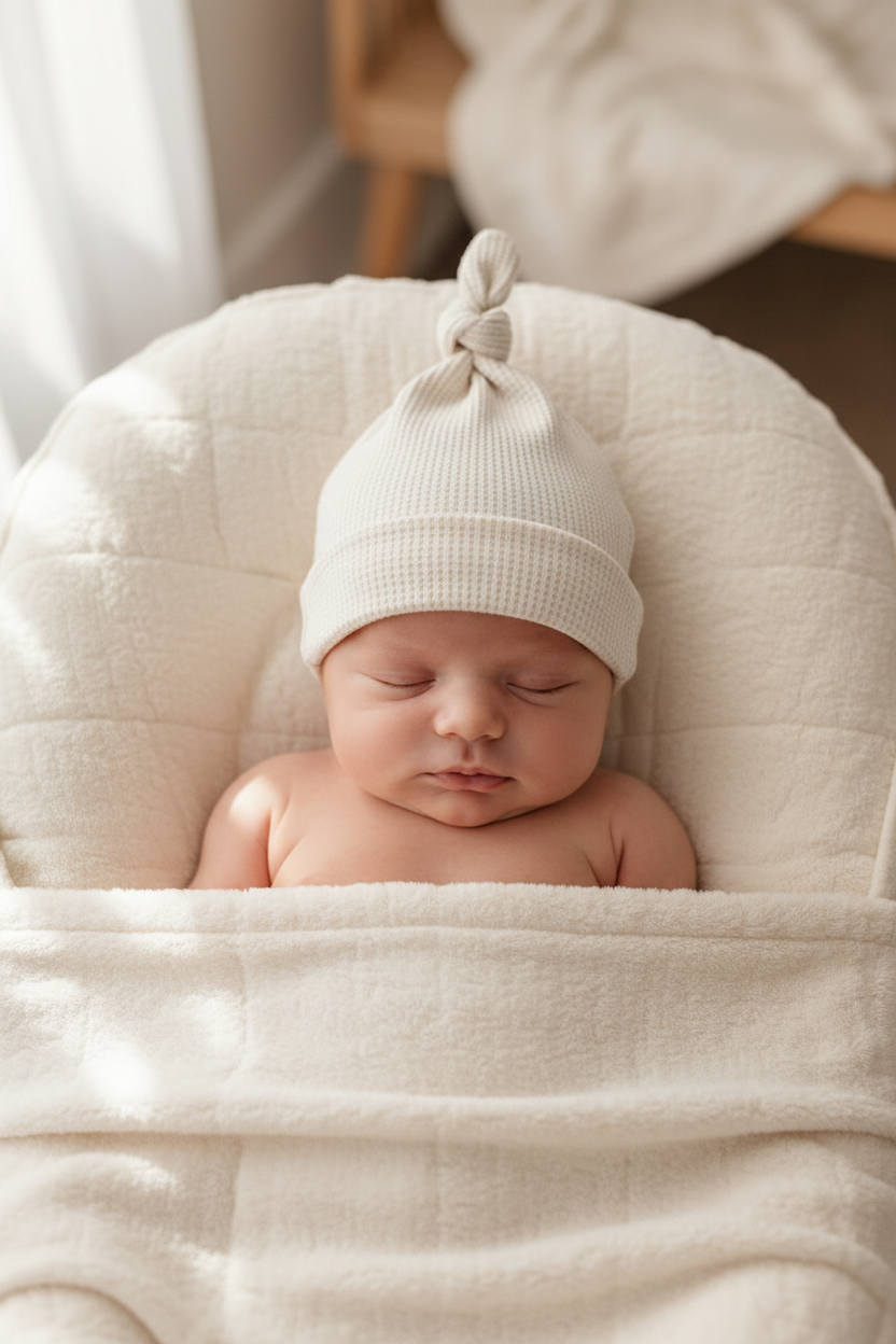 Soft cream waffle knit knot hat for newborns, featuring a tied top and gentle texture.