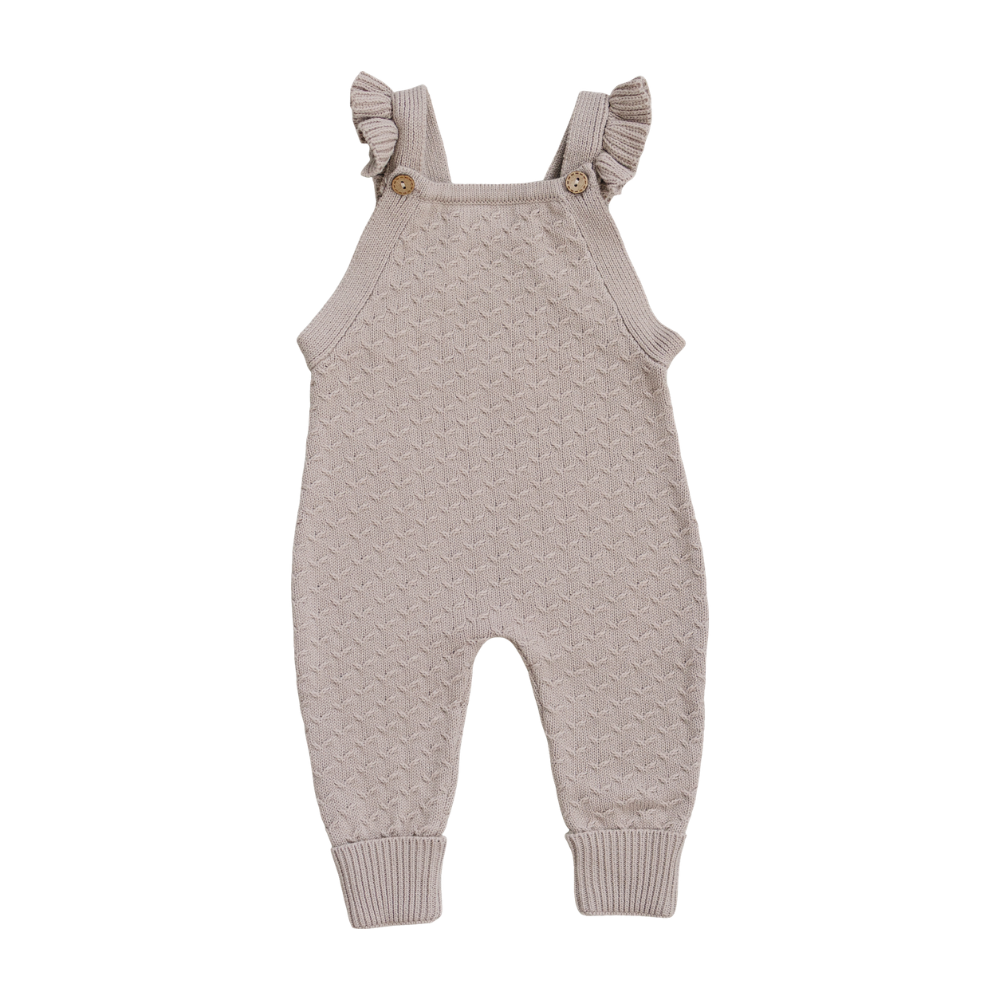 Taupe ruffle overalls for baby with cotton fabric and ruffle detailing