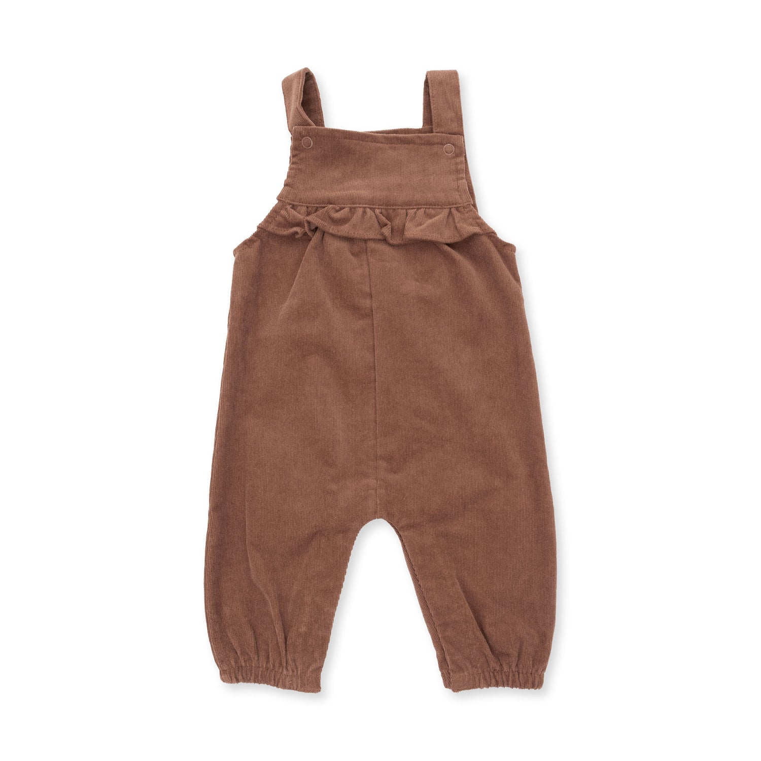 Baby overalls in beaver fur brown corduroy with ruffle detail along the yoke and button straps