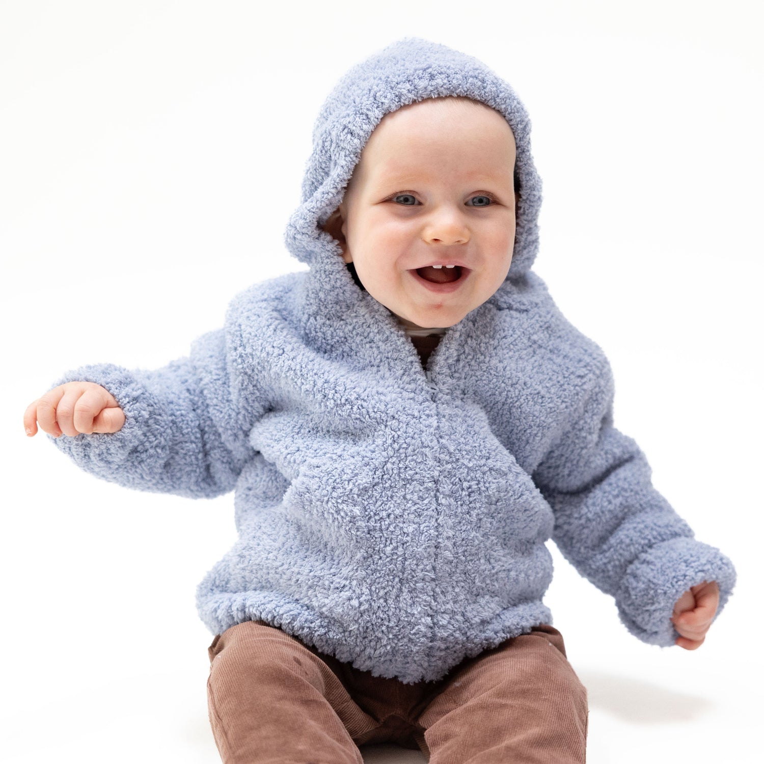 Dusty blue chenille hooded baby jacket with a full zip front and pockets