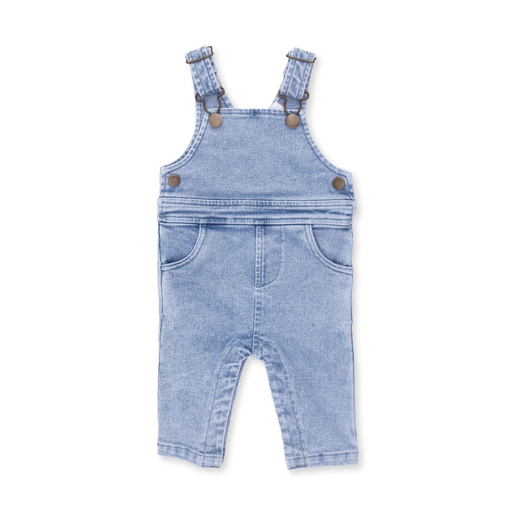 Baby overalls in old school blue stretch denim with adjustable shoulder straps and front pocket
