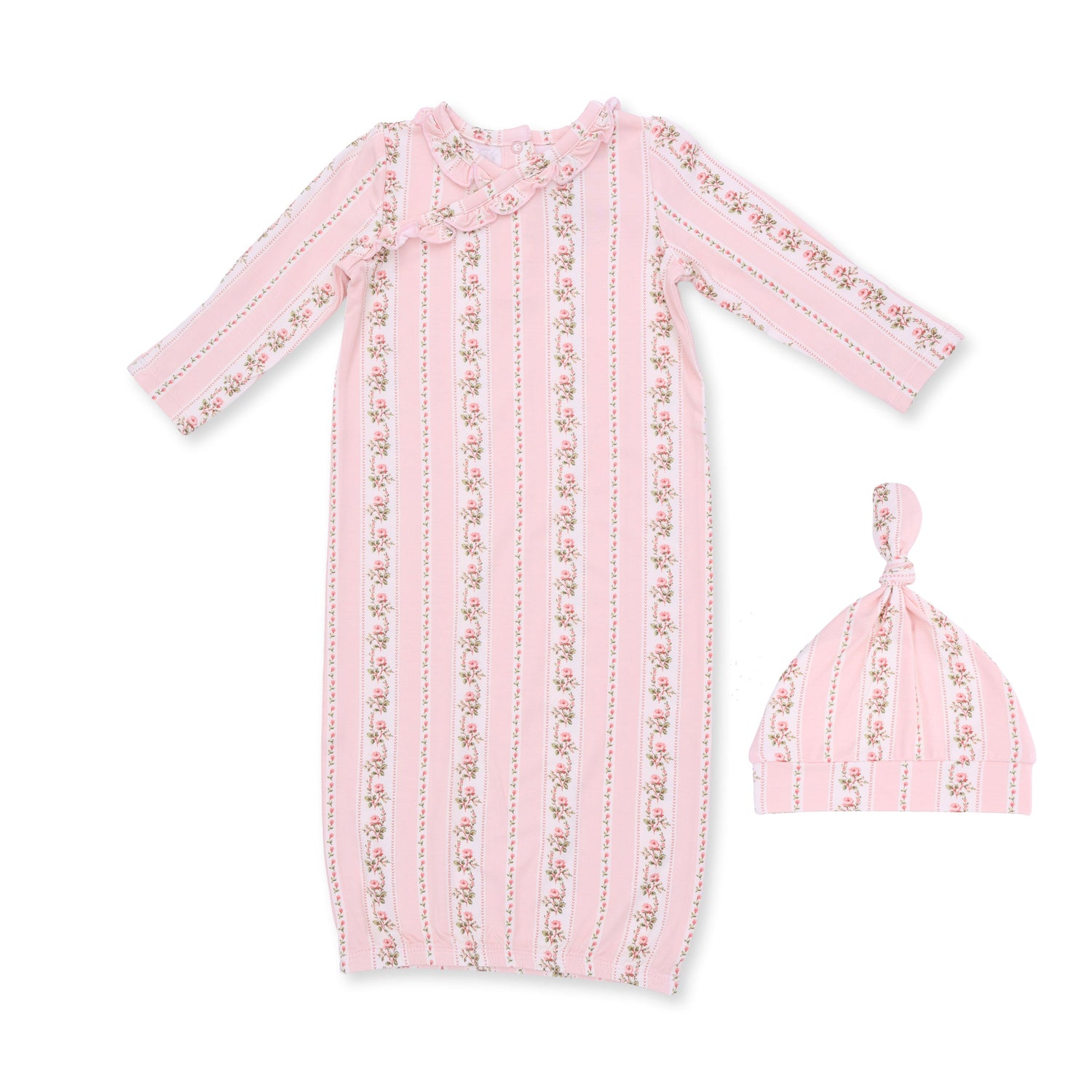 Convertible kimono gown and matching knotted hat in Antoinette stripe pattern