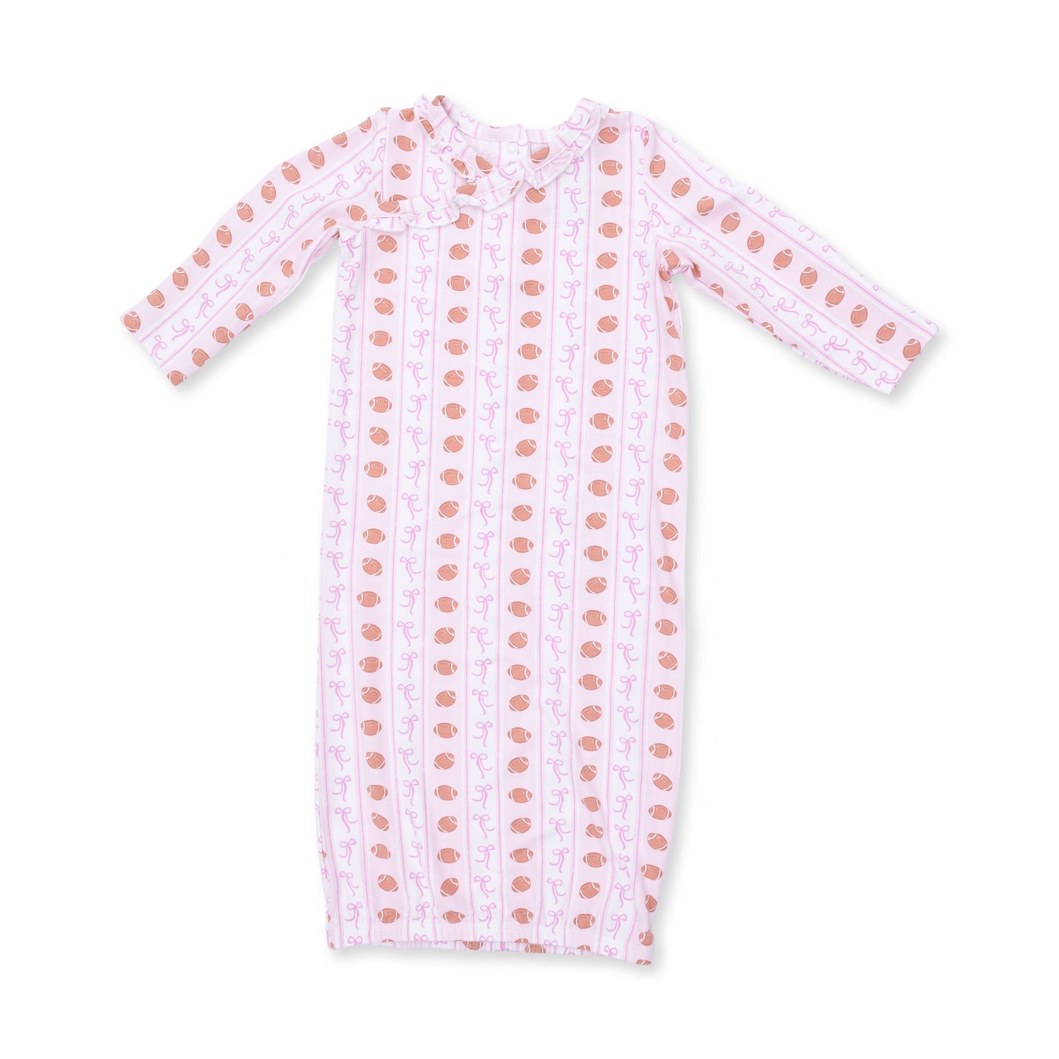 Kimono gown and knot headband in a football bow stripe pattern with snap-front closure.