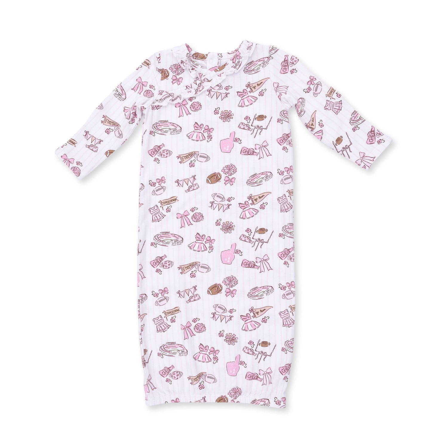 Kimono gown and ruffle knotted hat set in a football cheer print, with snap closures down the front of the gown.