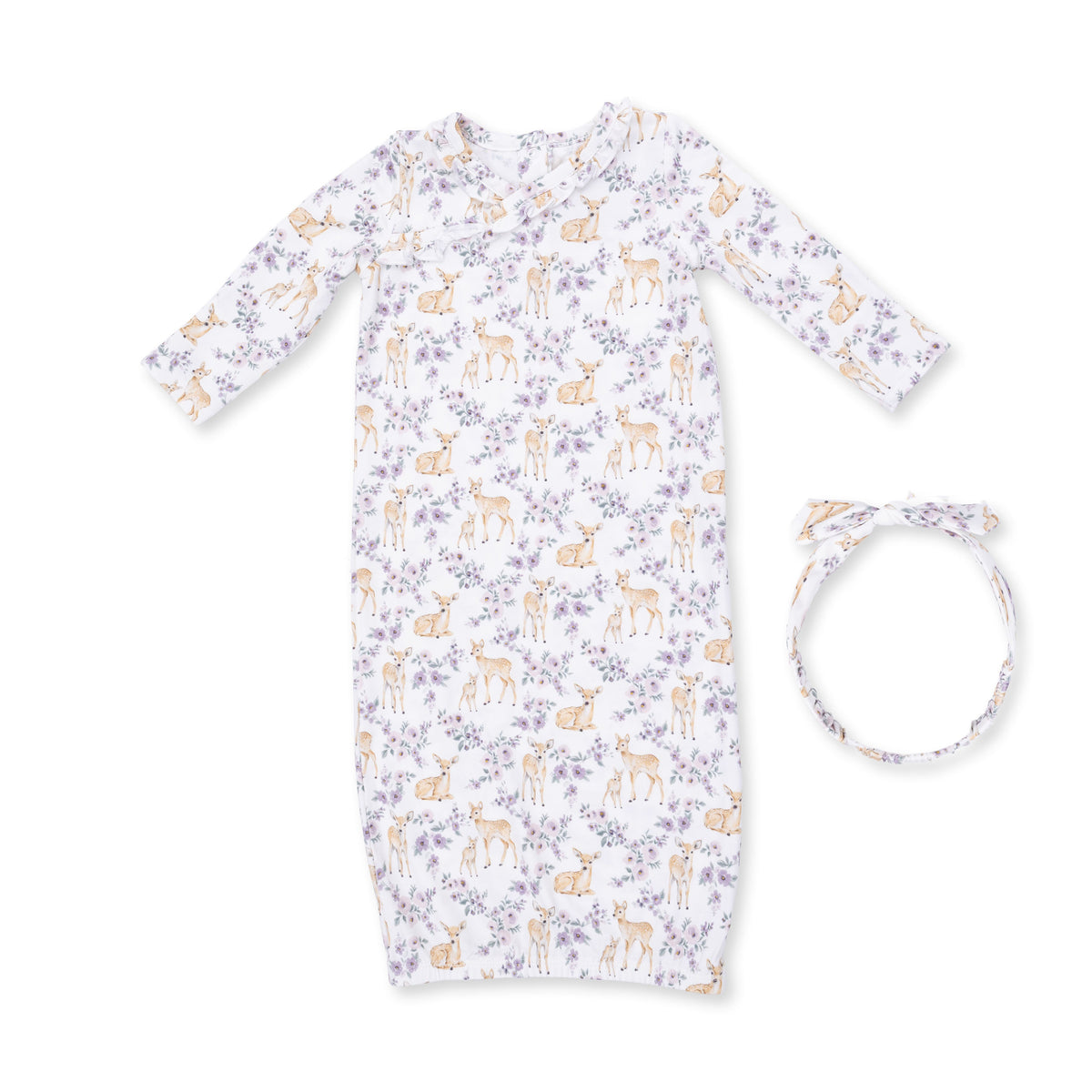 Baby kimono gown with floral deer print and matching knotted headband