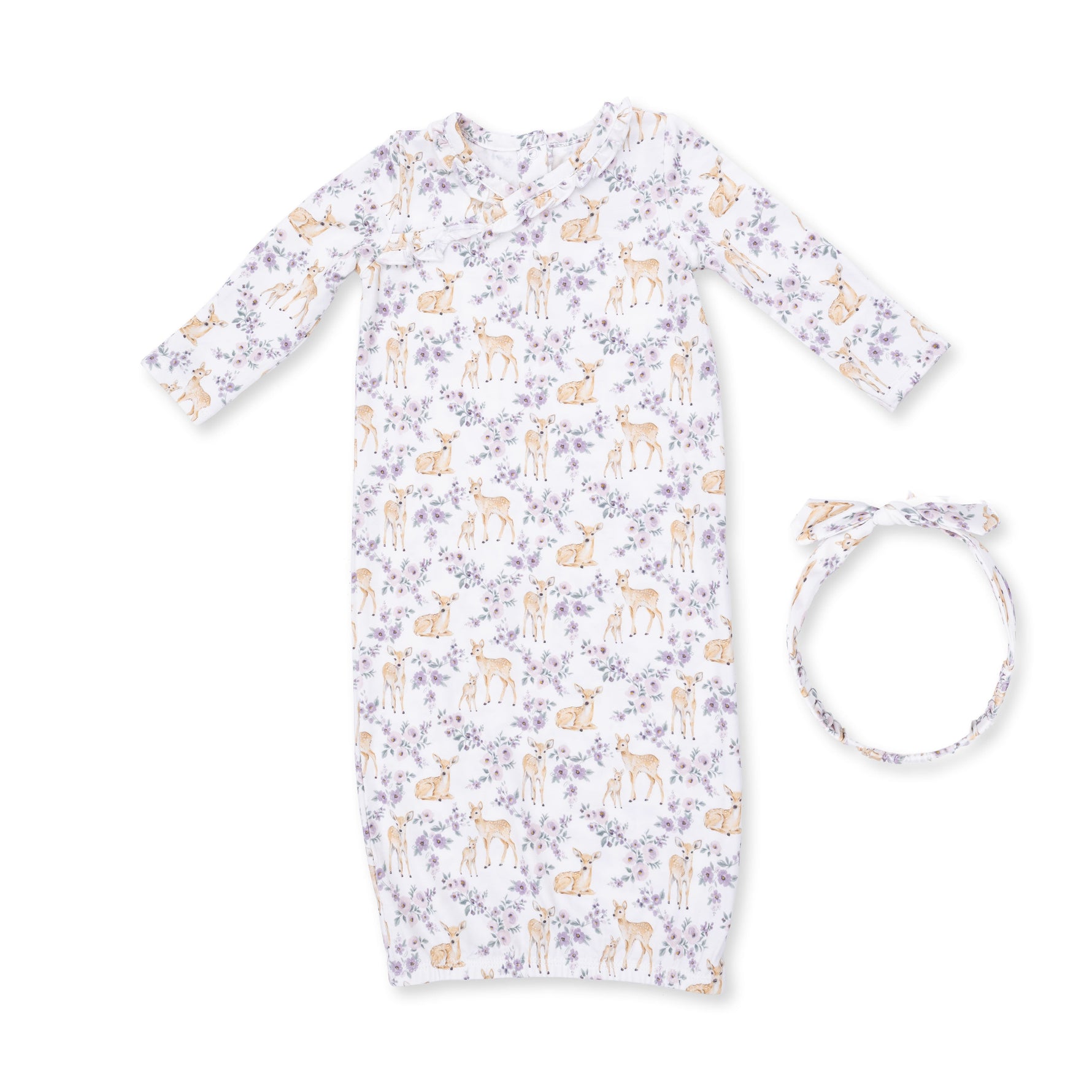 Baby kimono gown with floral deer print and matching knotted headband