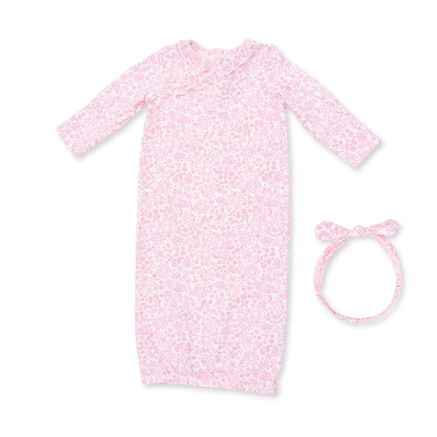 Convertible kimono gown and matching knot headband in a woodland animal print